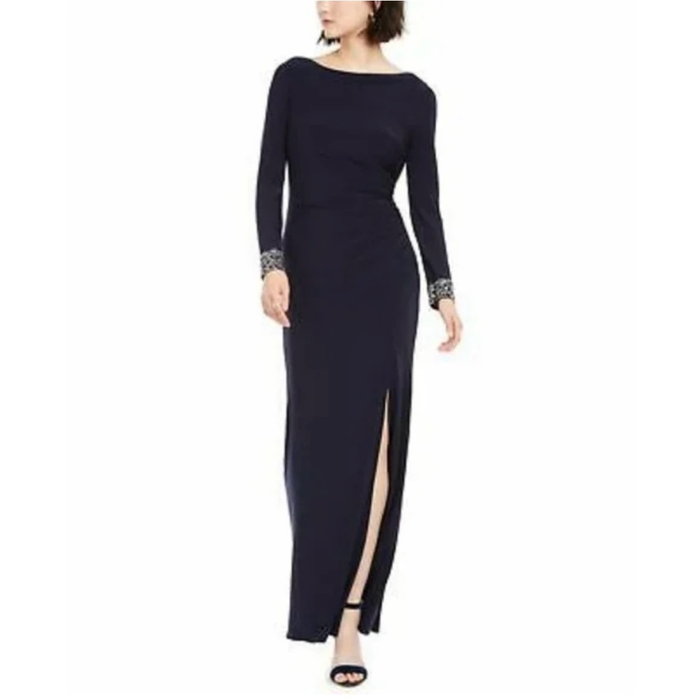 NWT Vince Camuto Navy Blue Floor Length Gown Crystal Rhinestone Sleeve Size 2